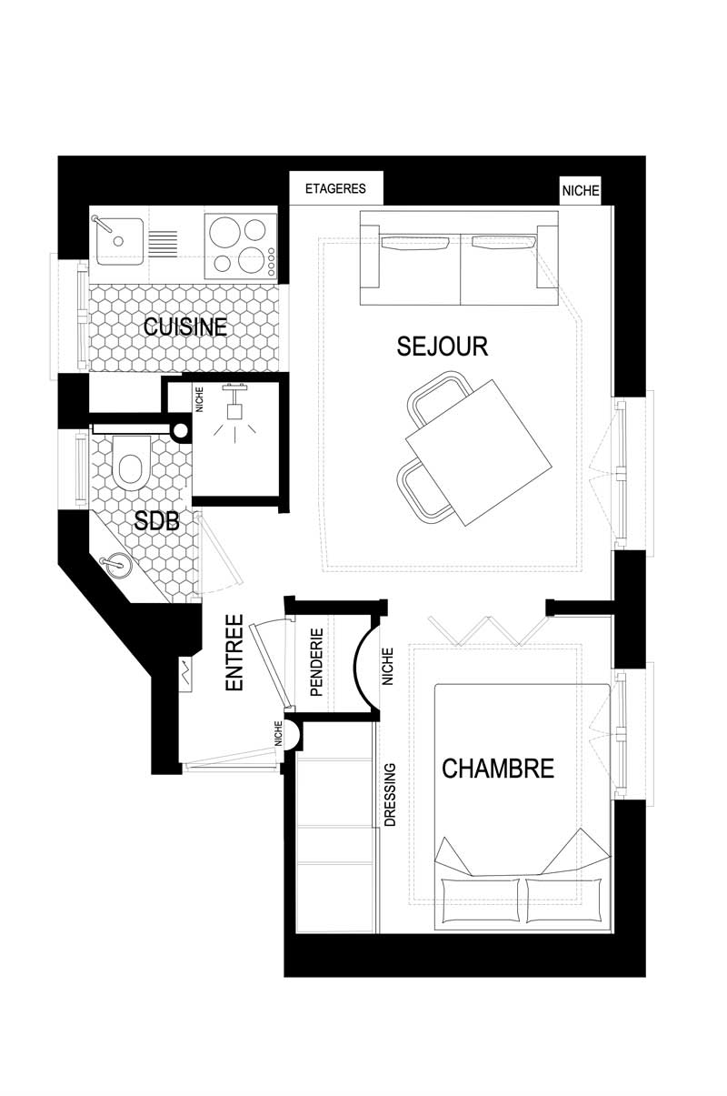 Interior Design Paris 11 - renovated studio floor plan